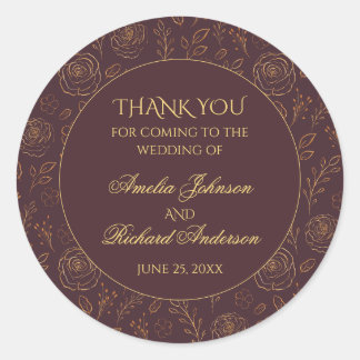 Gold Roses Chocolate Brown Wedding Thank You Favou Classic Round Sticker