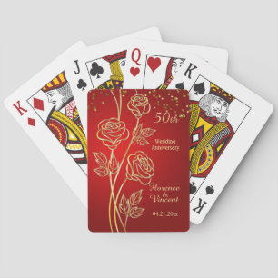 Gold roses, confetti on red 50th Anniversary Playing Cards