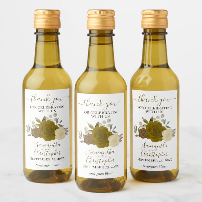 Gold Roses Elegant Boho Wedding Thank You Mini Wine Label (Bottles)