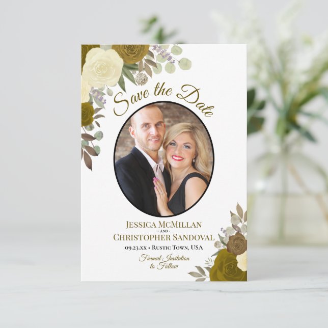 Gold Roses Elegant Floral Boho Wedding Photo Save The Date (Standing Front)