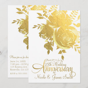 Gold Roses Faux Foil Elegant Floral Anniversary Invitation