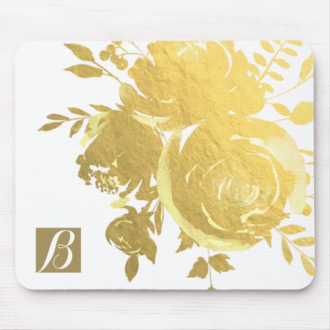 Gold Roses Faux Foil Elegant Modern Floral Glam Mouse Mat (Front)