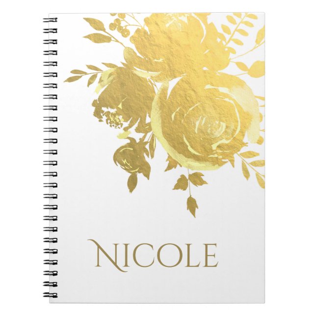 Gold Roses Faux Foil Elegant Modern Floral Glam Notebook (Front)