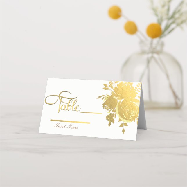 Gold Roses Faux Foil Elegant Modern Floral Table Place Card (Back)
