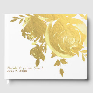 Gold Roses Faux Foil Elegant Modern Floral Wedding Guest Book