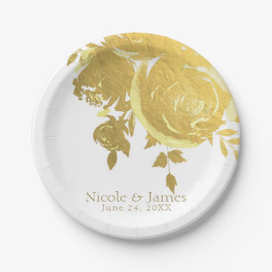 Gold Roses Faux Foil Elegant Modern Floral Wedding Paper Plate