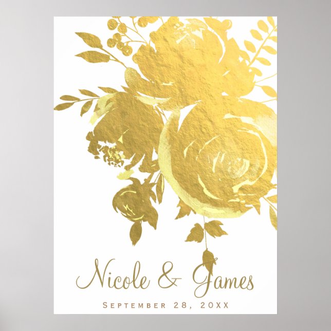 Gold Roses Faux Foil Elegant Modern Floral Wedding Poster (Front)