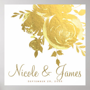 Gold Roses Faux Foil Elegant Modern Floral Wedding Poster