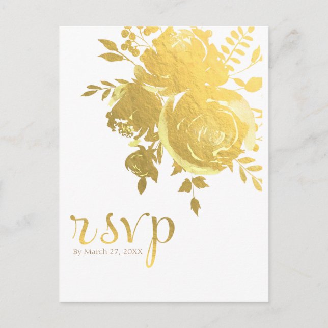 Gold Roses Faux Foil Elegant Modern Wedding RSVP Invitation Postcard (Front)