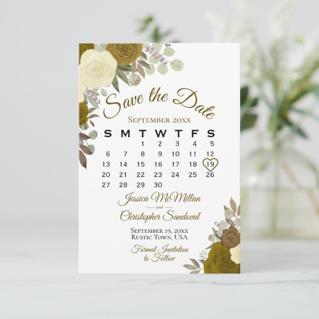 Gold Roses Floral Elegant Boho Wedding Calendar Save The Date (Standing Front)