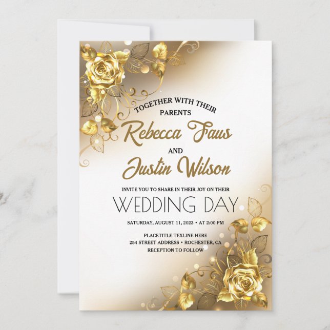 Gold Roses Floral Modern Boho Invitation (Front)