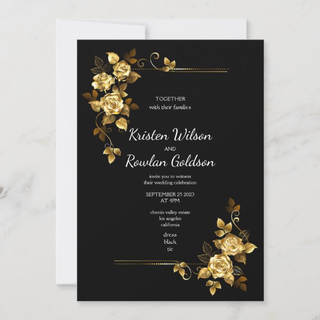 Gold Roses Flowers on Black Invitation (Front)