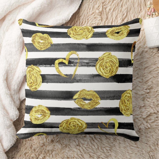 Gold roses, lips, hearts and black stripes cushion (Blanket)