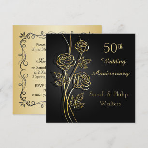 Gold roses on black 50th Anniversary Invitation