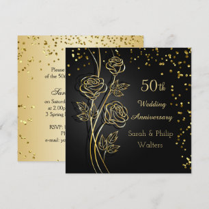 Gold roses on black, confetti 50th Anniversary Invitation