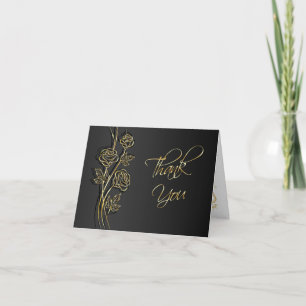 Gold roses on black, swirls Wedding Thank You Card