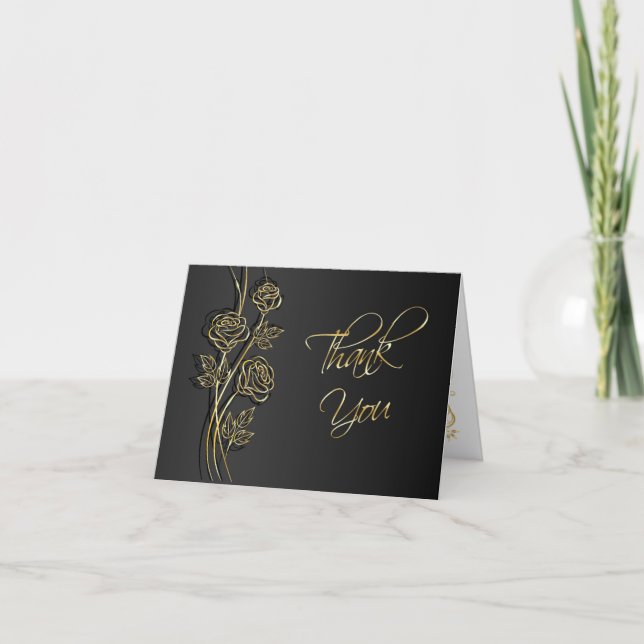 Gold roses on black, swirls Wedding Thank You Card (Front)