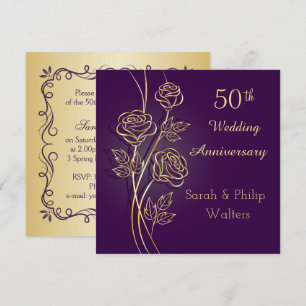 Gold roses on purple 50th Anniversary Invitation
