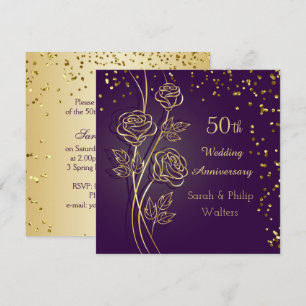 Gold roses on purple, confetti 50th Anniversary Invitation