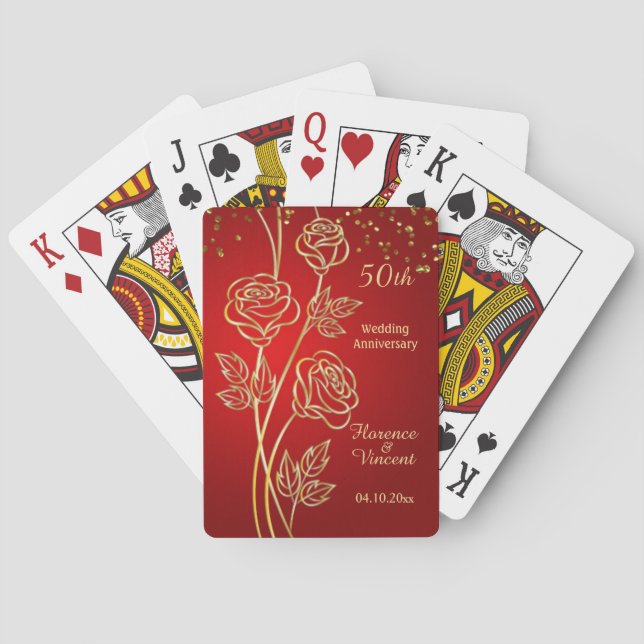 Gold roses on red 50th Anniversary Playing Cards (Back)
