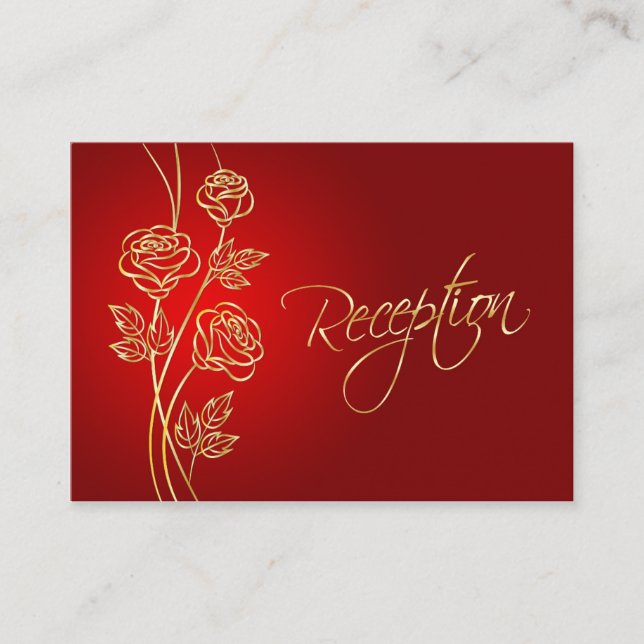 Gold roses on red Wedding Reception Enclosure Card (Front)