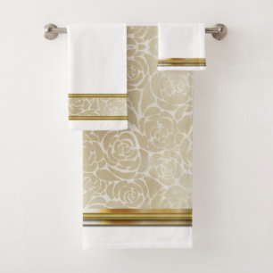 Gold Roses on White Bath Towel Set