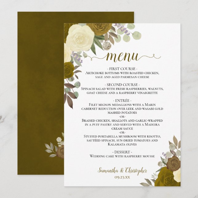 Gold Roses Rustic Boho Floral Elegant Wedding Menu (Front/Back)