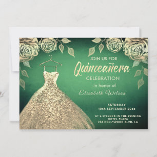 Gold roses sequins gold dress Quinceañera green Invitation