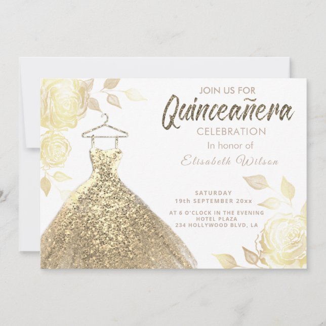 Gold roses sequins gold dress Quinceañera  Invitat Invitation (Front)