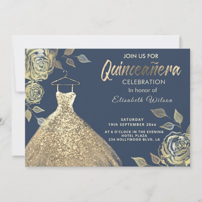 Gold roses sequins gold dress Quinceañera  Invitat Invitation (Front)