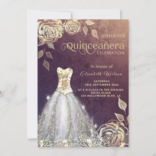 Gold roses trendy gold sequins dress Quinceañera   Invitation (Front)