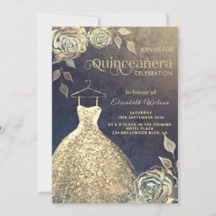 Gold roses trendy gold sequins dress Quinceañera Invitation