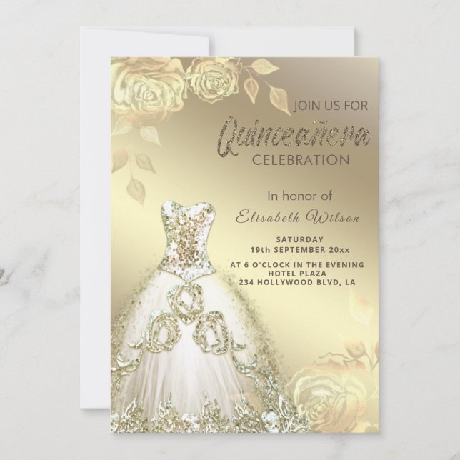 Gold roses trendy gold sequins dress Quinceañera   Invitation (Front)