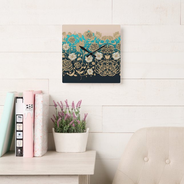 Gold Roses with Turquoise Background Wall Clock (Reading Room)