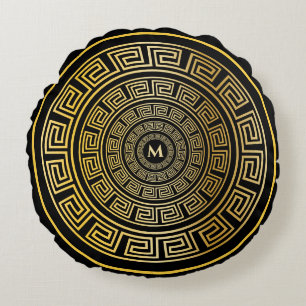 Gold Round Greek Key Custom Monogram Round Pillow