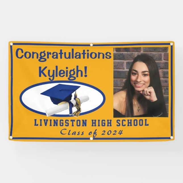 Gold & Royal Blue Accent Vinyl Graduation Photo Banner (Horizontal)