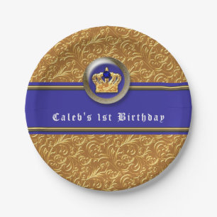 Gold & Royal Blue Crown Birthday Party Custom Paper Plate