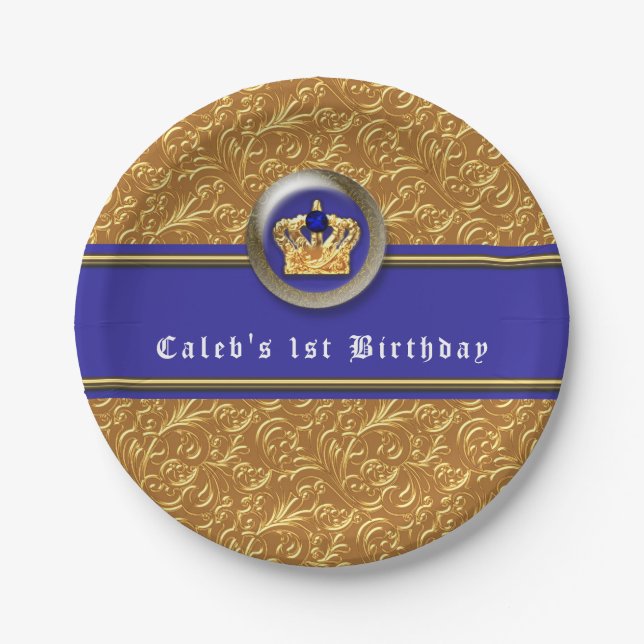 Gold & Royal Blue Crown Birthday Party Custom Paper Plate (Front)