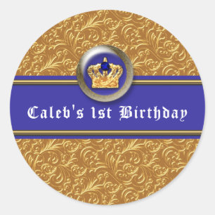 Gold & Royal Blue Crown Birthday Party Favour Classic Round Sticker
