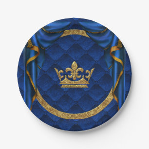 Gold & Royal Blue Crown & Drapes Birthday Party Paper Plate