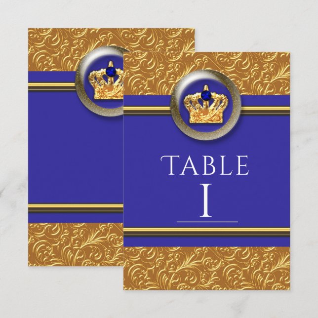 Gold & Royal Blue Crown Elegant Table Number Card (Front/Back)