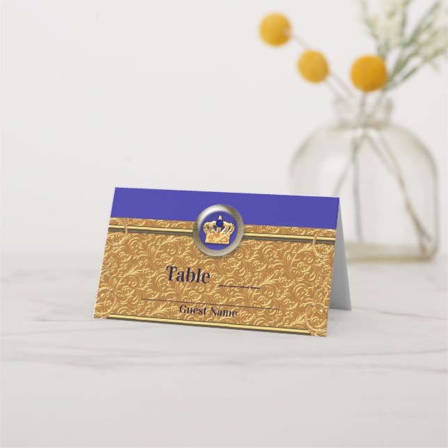 Gold & Royal Blue Crown Party Table Number Place Card (Back)
