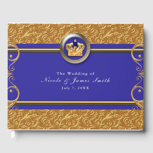 Gold & Royal Blue Crown Wedding Elegant Party Guest Book (Front)