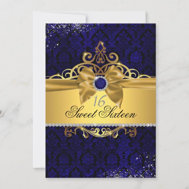 Gold Royal Blue Damask Sweet Sixteen Invite (Front)