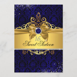 Gold Royal Blue Damask Sweet Sixteen Invite