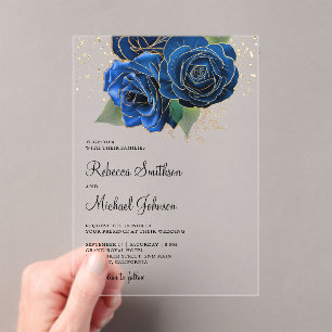 Gold Royal Blue Floral Wedding Acrylic Invitations