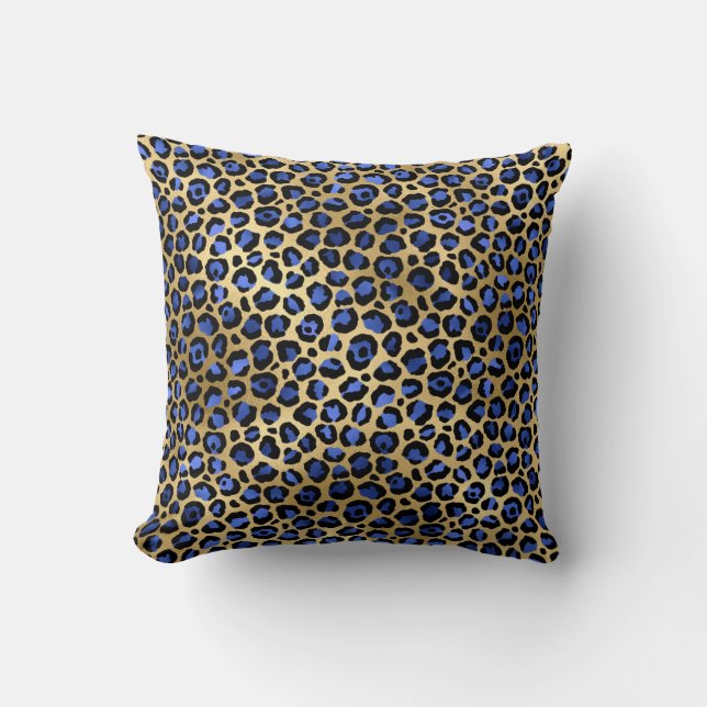 Gold & Royal Blue Glam Leopard Spots Print Cushion (Front)