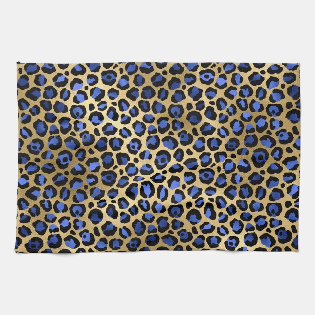 Gold & Royal Blue Glam Leopard Spots Print Tea Towel (Horizontal)