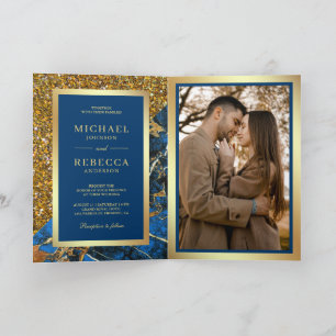 Gold Royal Blue Marble Photo QR Code Wedding Invitation