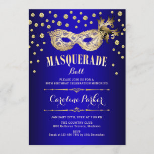 Gold Royal Blue Masquerade Ball Birthday Party Invitation
